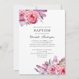Invitación Flores y plumas rosas. Bautismo floral de Boho