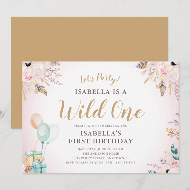 Invitación Flores y plumas silvestres de un Chica primer cump (Anverso / Reverso)