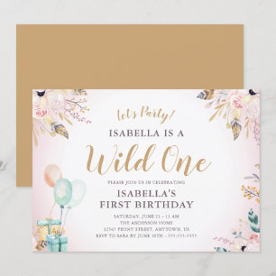 Invitación Flores y plumas silvestres de un Chica primer cump