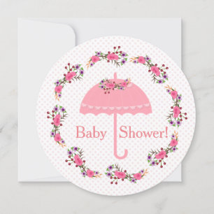 Invitación Flores y puntos de paraguas rosados, Baby Shower C