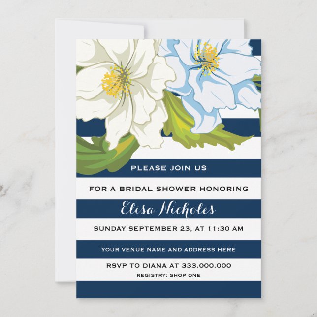 Invitación Flores y rayas azules boda ducha de novia (Anverso)