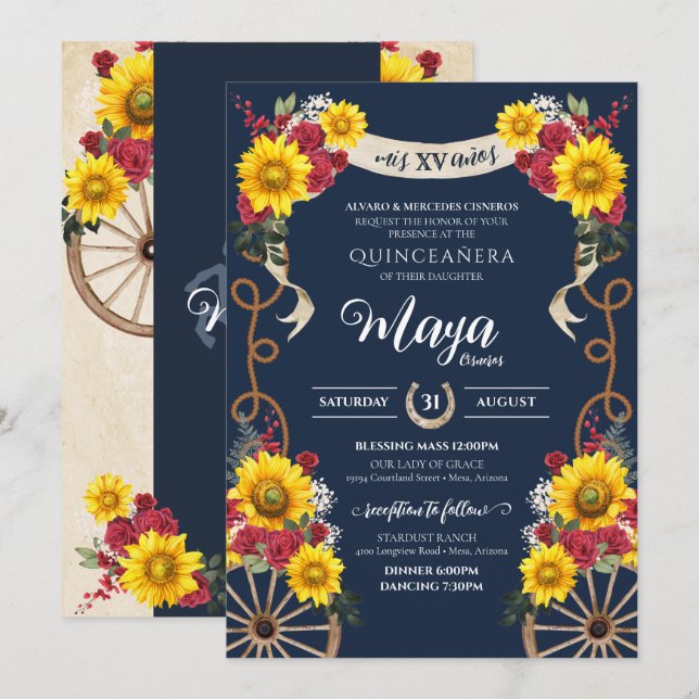 Invitación Flores y rosas rojas Rusas Charra Quinceanera (Anverso / Reverso)