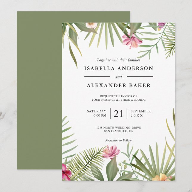 Invitación Flores Y Saltos Tropicales Boda (Anverso / Reverso)