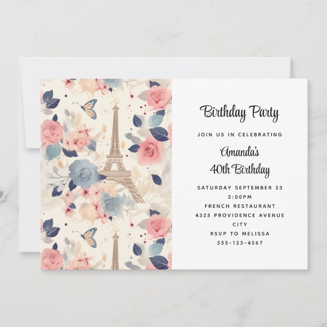 Invitación Flores y Torre Eiffel (Anverso)
