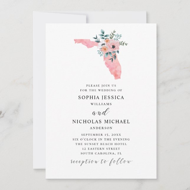 Invitación Florida. Flor rosa elegante. Floral acuarela (Anverso)
