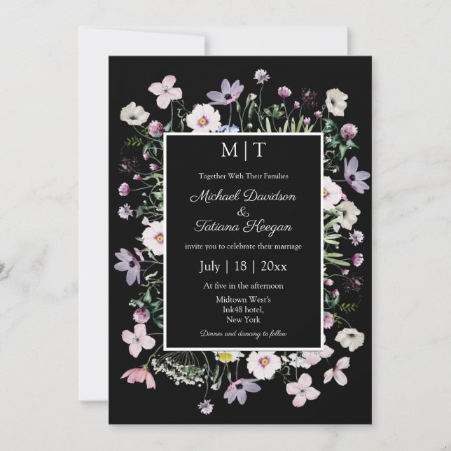 Invitación floridas silvestres brillantes jardín moderno boda (Anverso)