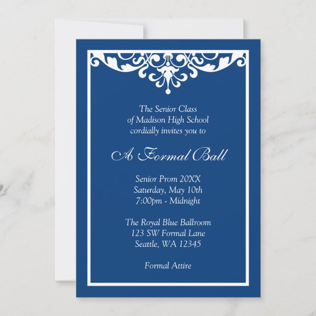 Invitación Floritura de Harina Azul Real Baile de Gala Formal (Anverso)
