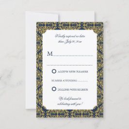 Invitación Floritura de Oro Falso Damask Azul Marino RSVP