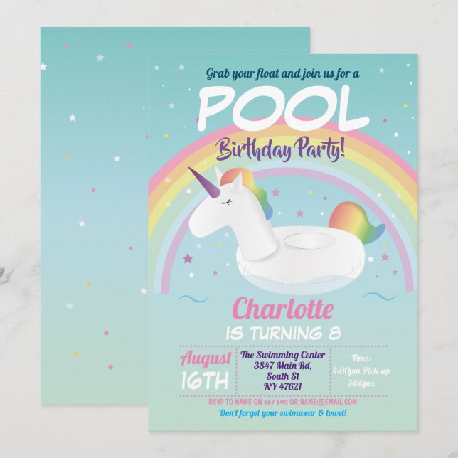 Invitación Flota de playa arcoiris de cumpleaños de Fiesta de (Anverso / Reverso)