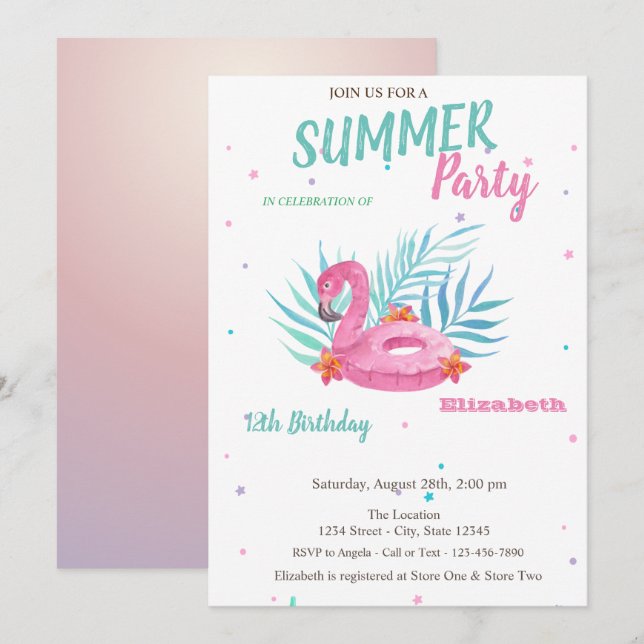 Invitación Flotador de piscina de flamenco Fiesta de cumpleañ (Anverso / Reverso)