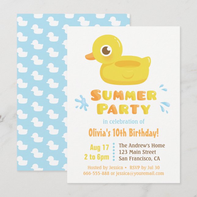 Invitación Flotador de piscina de patito de goma lindo Cumple (Anverso / Reverso)
