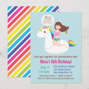 Invitación Flotador de piscina de unicornio Sweet 16 Cumpleañ