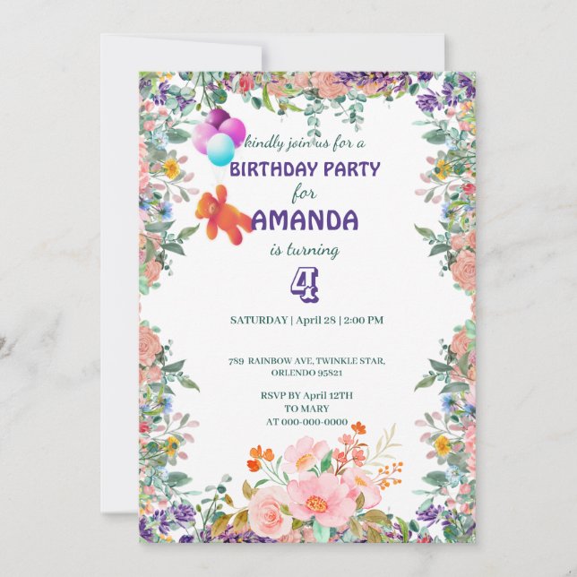 Invitación Flotador del oso Gradiente de globo floral Fiesta  (Anverso)