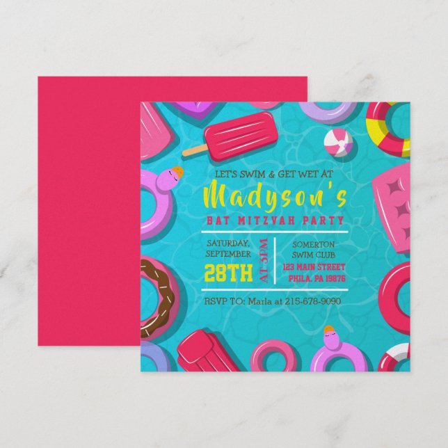 Invitación FLOTADORES PARA CHICAS EN LA PISCINA Fiesta Bat Mi (Anverso / Reverso)