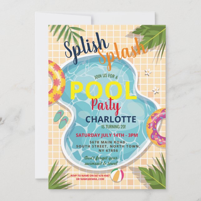 Invitación Flotadores para Fiesta en Piscina Cumpleaños de Ve (Anverso)