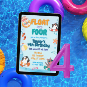 Invitación Flotar en Cuatro, Animales de Piscina Cumpleaños 4
