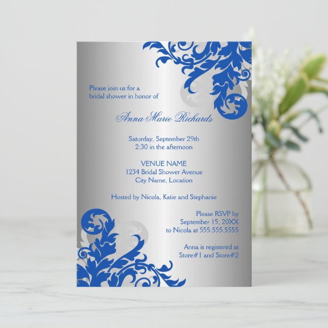 Invitación Flouridal Bridal Shower Royal Blue and Silver (Anverso de pie)