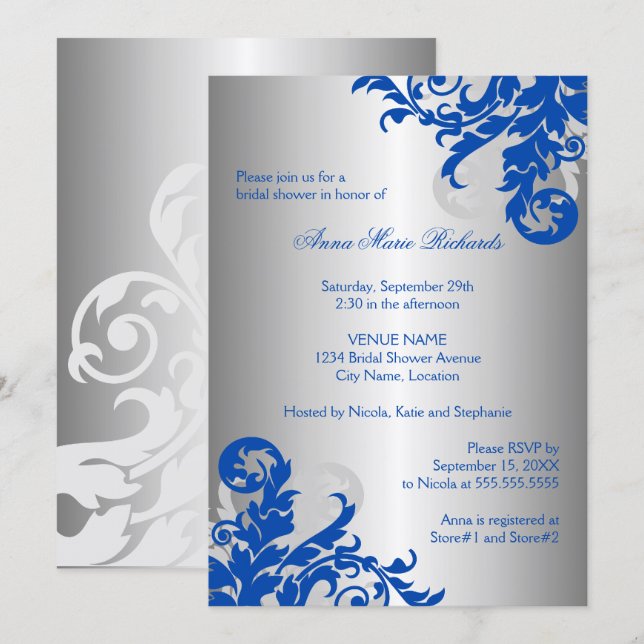 Invitación Flouridal Bridal Shower Royal Blue and Silver (Anverso / Reverso)