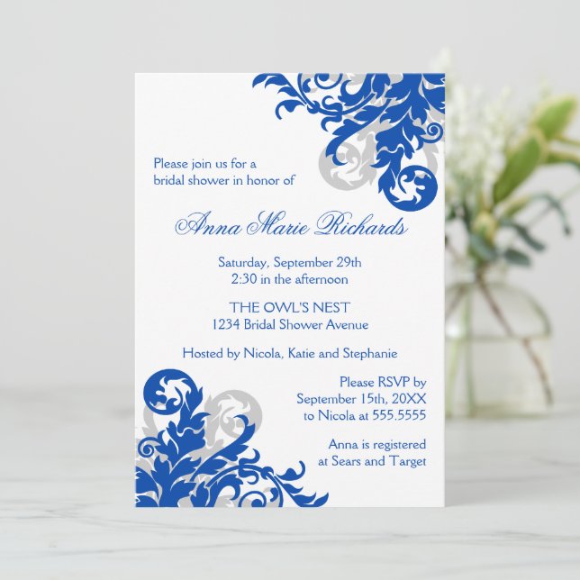 Invitación Flouridal Bridal Shower Royal Blue and Silver (Anverso de pie)