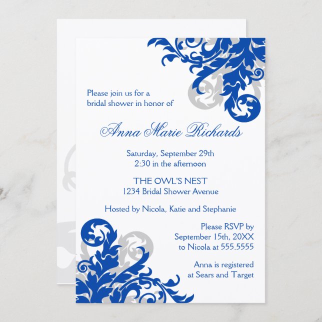 Invitación Flouridal Bridal Shower Royal Blue and Silver (Anverso / Reverso)
