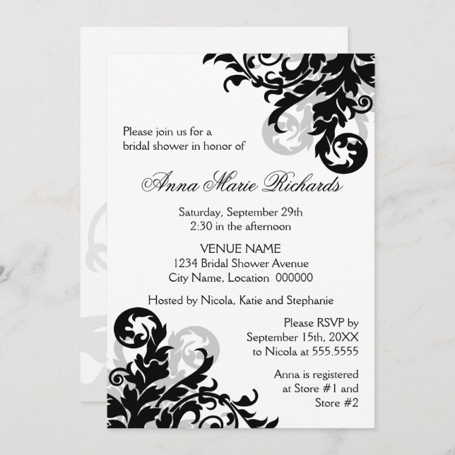 Invitación Flouridal Shower, de color negro y plata (Anverso / Reverso)