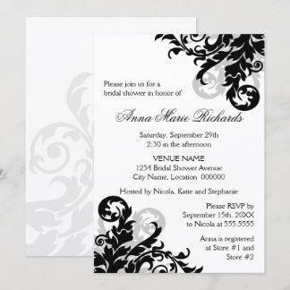 Invitación Flouridal Shower, de color negro y plata