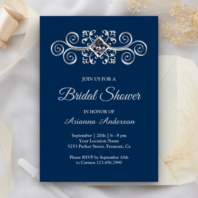 Invitación Flourier de plata azul marina Diamond Bridal Showe (Subido por el creador)