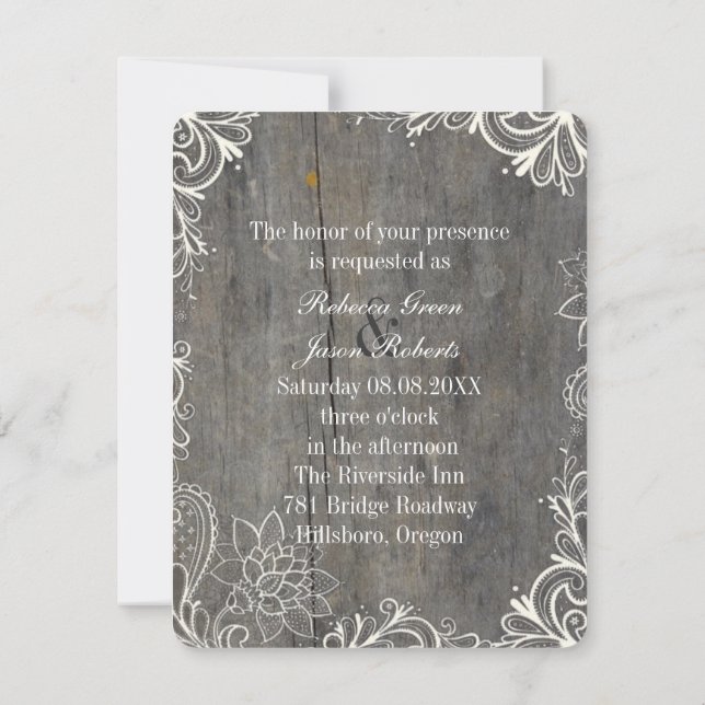 Invitación flourils swirls lace wood country boda (Reverso)