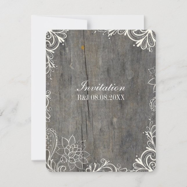 Invitación flourils swirls lace wood country boda (Anverso)