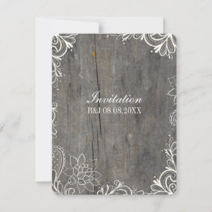 Invitación flourils swirls lace wood country boda