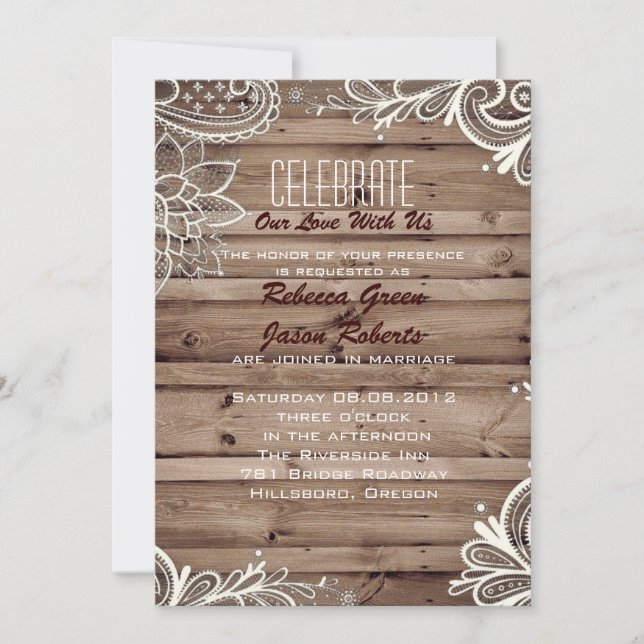 Invitación flourirls swirls lace barn en la boda campestre (Anverso)