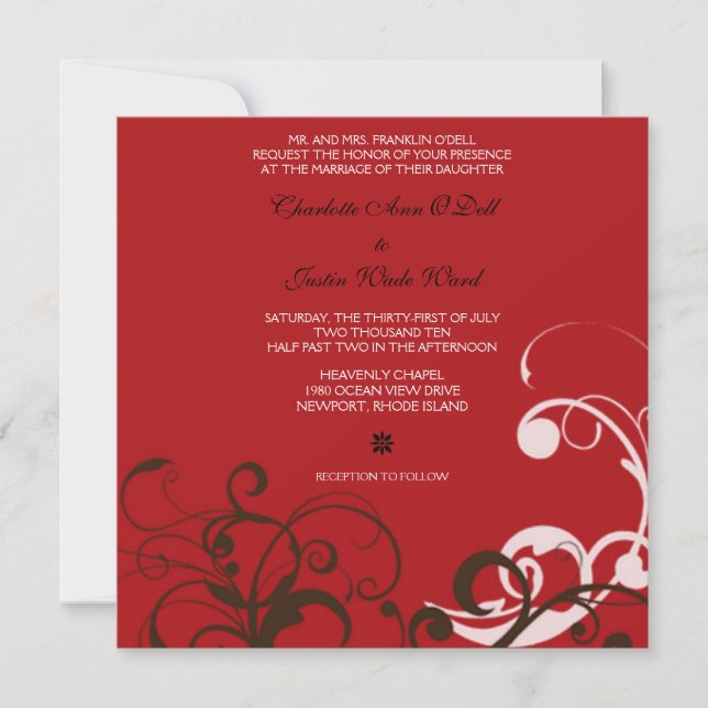Invitación flourish; boda rojo (Anverso)