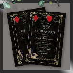 Invitación Flourish Gold Art Deco Casino Vegas Poker Cumpleañ<br><div class="desc">Elegante Casino Royale y diseño de tarjetas temáticas Great Gatsby. Presenta un estilo Art Déco negro de color dorado vintage, un marco floreciente estilo Faux de oro de los años 20 de Roaring, jugando a trajes de cartas con bordes dorados, sobre fondo de patrón Art Deco negro de oro. En...</div>