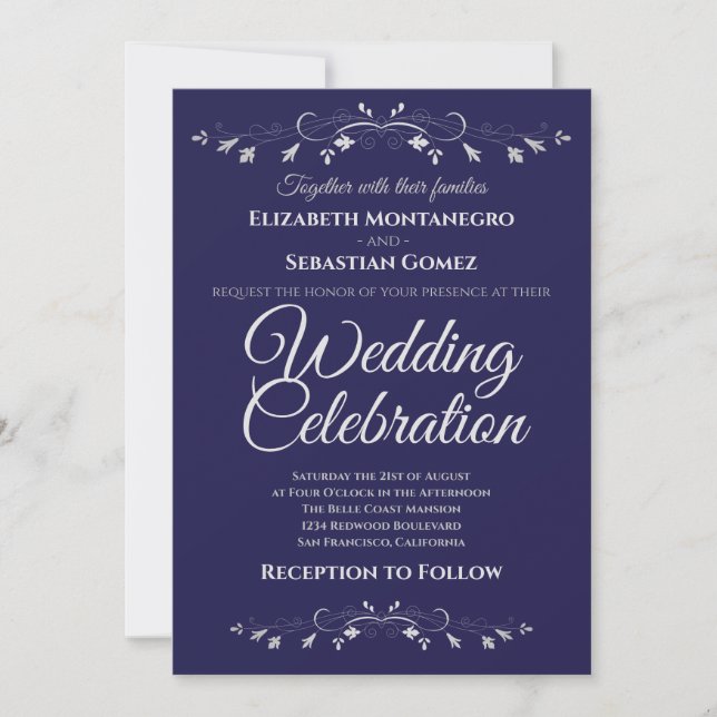 Invitación Flourish Navy Blue Simple Elegant Wedding (Anverso)