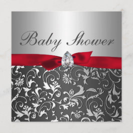 Invitación Flourish rojo negro Baby Shower de la plata de la