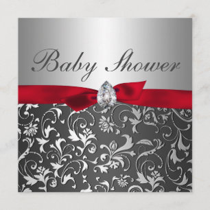 Invitación Flourish rojo negro Baby Shower de la plata de la