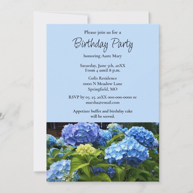 Invitación Flower Blue Hydrangea de fiesta de cumpleaños (Anverso)