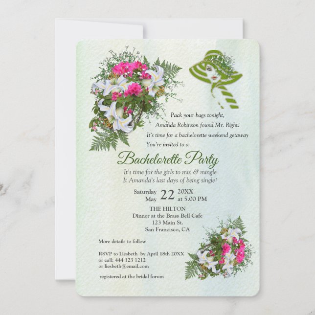 Invitación Flower Bouquet Bachelorette Party, Purpurina de or (Anverso)
