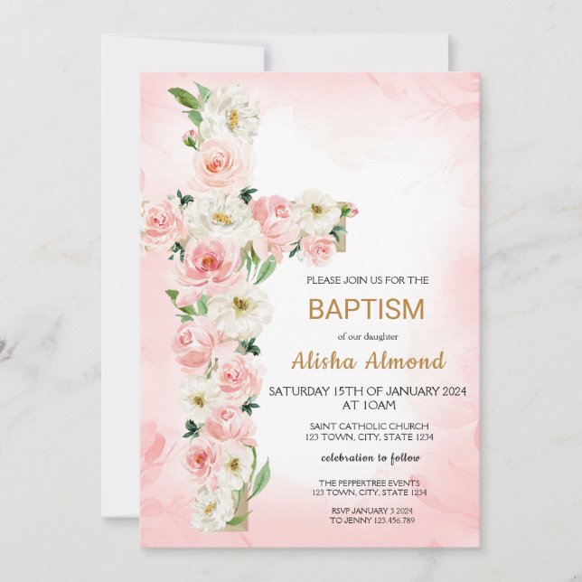 Invitación Flower Cross Baptism Invitation, Floral Christian (Anverso)