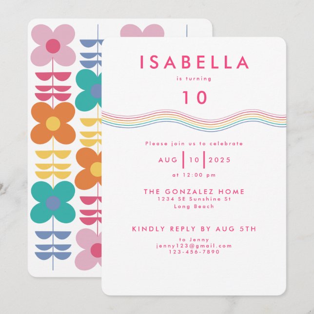 Invitación Flower Fun Vibrant Flower Cumpleaños (Anverso / Reverso)