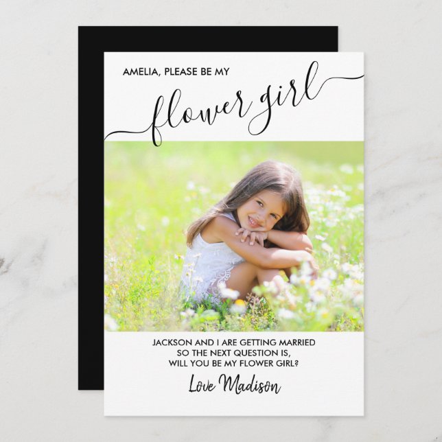 Invitación Flower Girl Elegant Script Photo Propuesta Card (Anverso / Reverso)