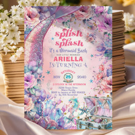 Invitación Flower Glitter Mermaid Tail 4th Birthday 