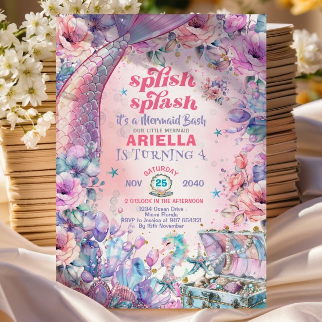 Invitación Flower Glitter Mermaid Tail 4th Birthday  (Subido por el creador)