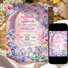 Invitación Flower Glitter Mermaid Tail 4th Birthday 