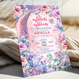 Invitación Flower Glitter Mermaid Tail 6th Birthday 
