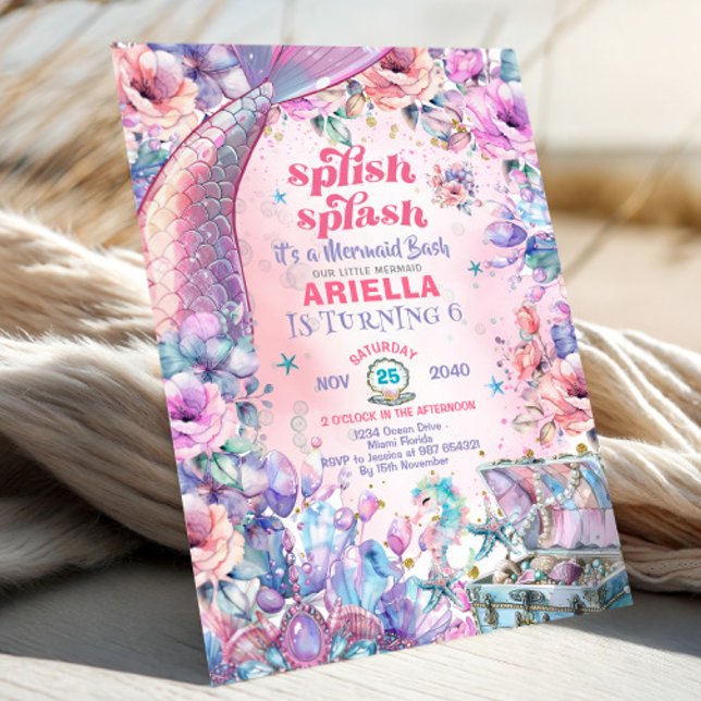 Invitación Flower Glitter Mermaid Tail 6th Birthday  (Subido por el creador)