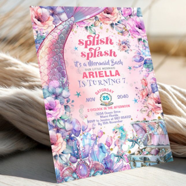 Invitación Flower Glitter Mermaid Tail 7th Birthday  (Subido por el creador)