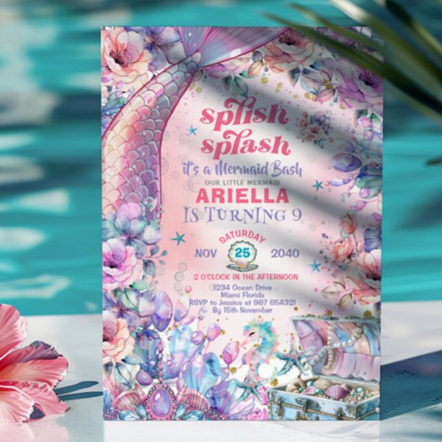 Invitación Flower Glitter Mermaid Tail 9th Birthday  (Subido por el creador)