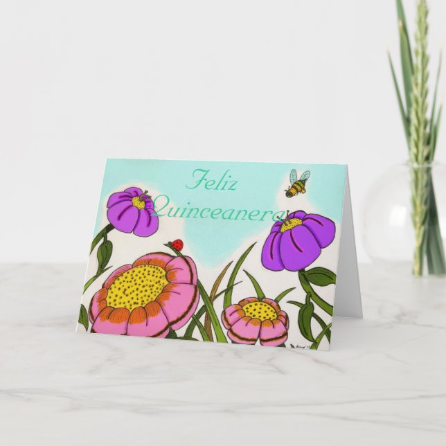 Invitación Flower Meadow "Feliz Quinceanera" Card (Anverso)