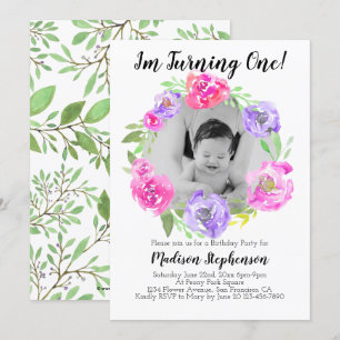 Invitación Flower Photo Chica Babys primer Fiesta de cumpleañ